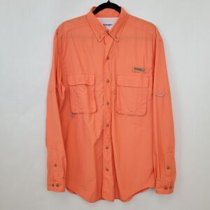 Wrangler Shirt Mens Medium ProGear Fishing‎ Button Front Long Sleeve Orange